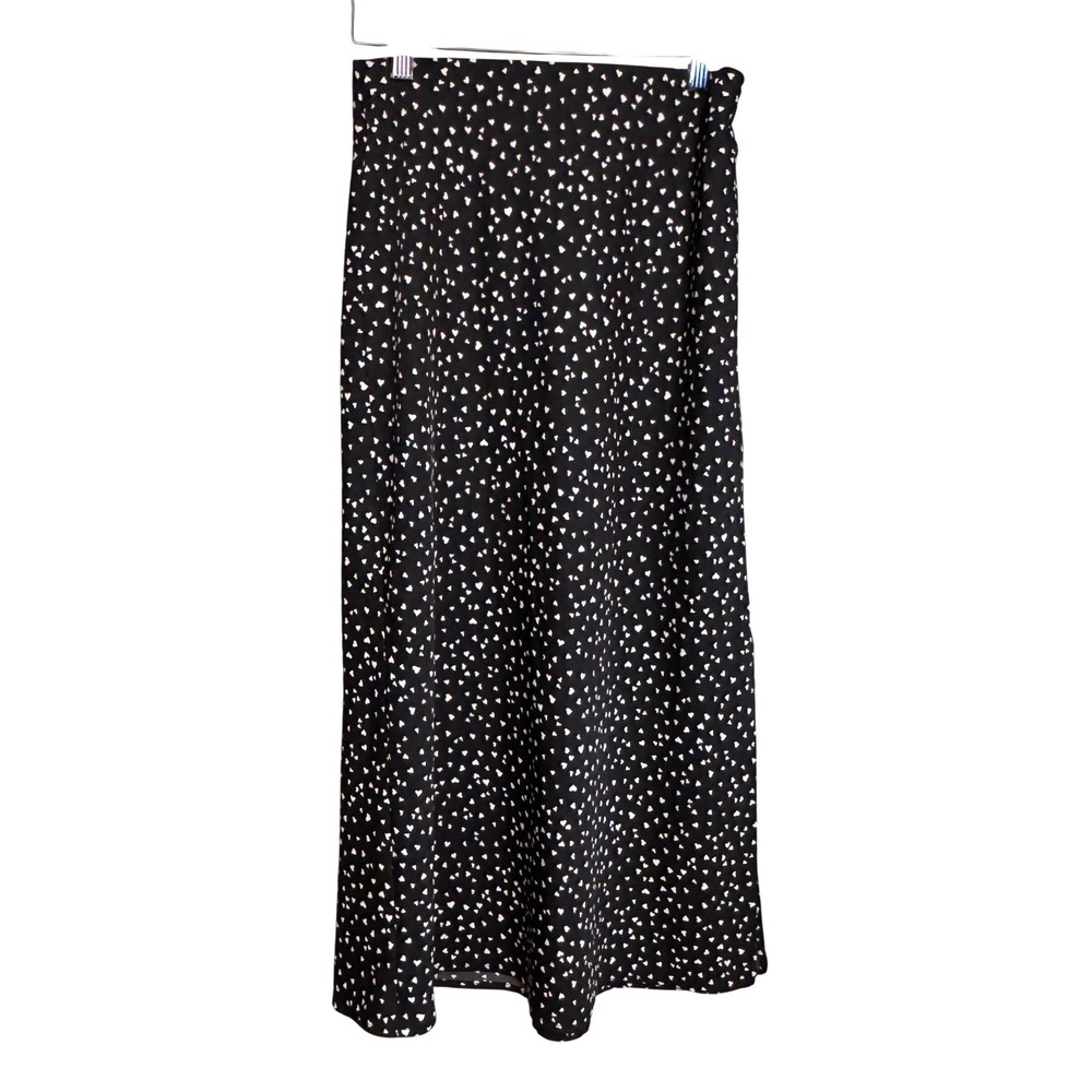 A‎ New Day Womens XS Black White Heart Print Midi Skirt Side Slit Elastic Waist